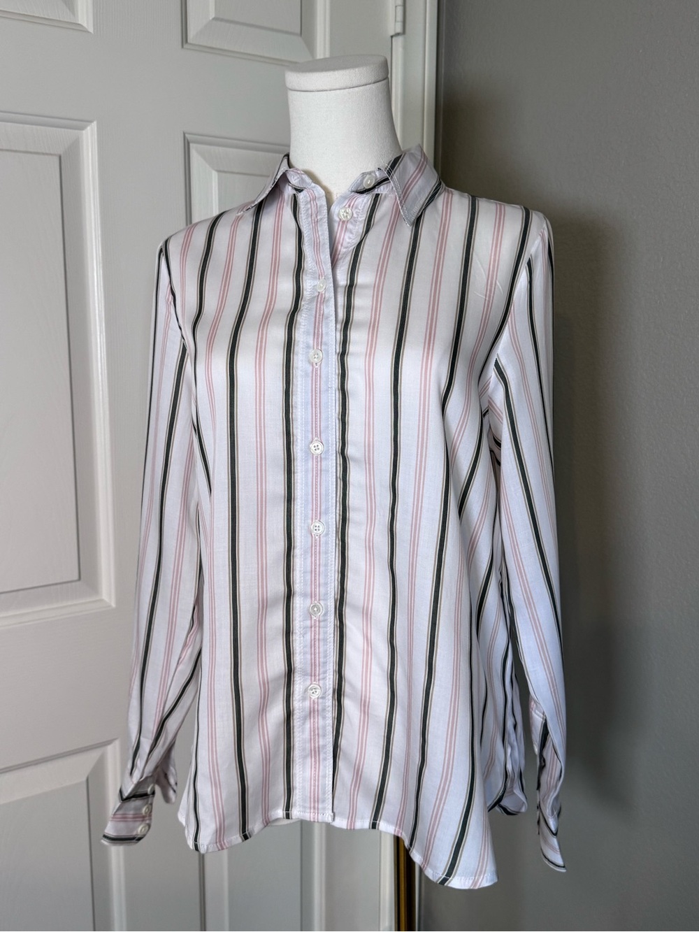 For The Republic White Shirt with Pink & Black Stripes